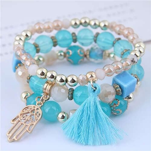 Palm and Cotton Threads Tassel Pendants Decorated Triple Layers Women Fashion Bracelet - Blue A392-fabr2466