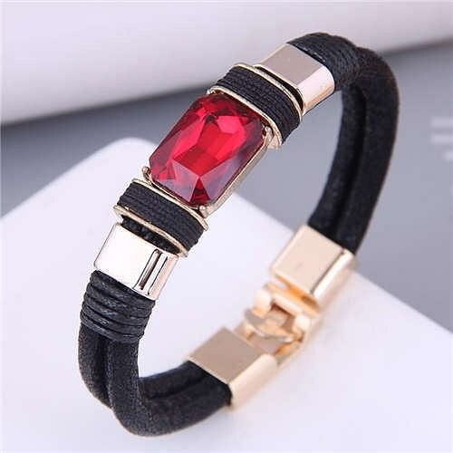 Square Artificial Gem Decorated PU Leather Rope Simple Design Women Bracelet - Red A392-fabr2633
