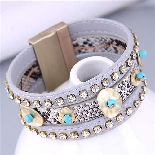 Folk Style Rhinestone and Snakeskin Pattern Multi-elements Wide Women Bangle - Gray A392-fabr2639