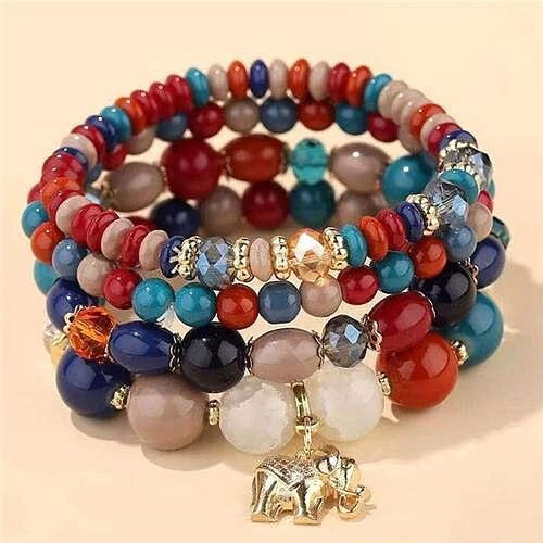 Golden Elephant Pendant Multi-layer Beads High Fashion Women Bracelet - Blue and Red A392-fabr2854