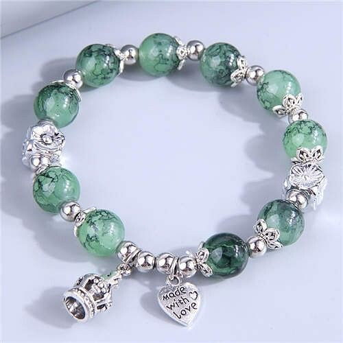 Hand-made Crown and Heart Pendants Green Beads Vintage Women Wholesale Bracelet A392-fabr2857