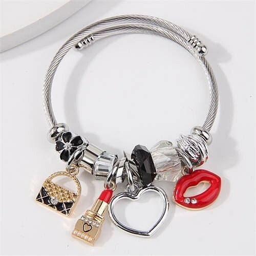 Lipstick Heart and Handbag Pendants Women Wholesale Costume Bracelet - Black A392-fabr3066