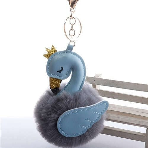 Lovely Swan Fluffy Ball Women Car Pendant Unique Design Accessories Wholesale Key Chain - Blue Gray A392-fakc0170