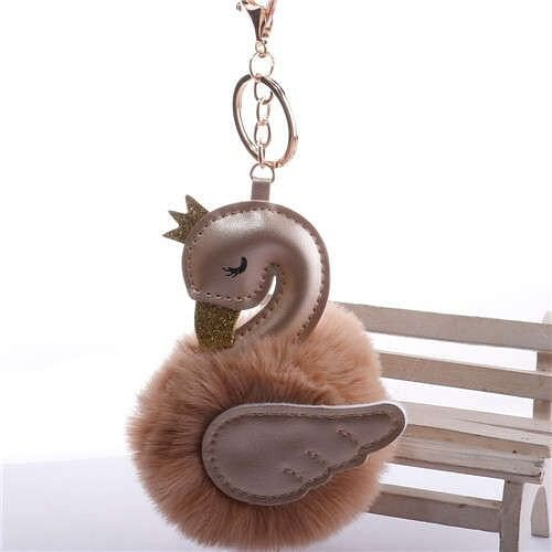 Lovely Swan Fluffy Ball Women Car Pendant Unique Design Accessories Wholesale Key Chain - Khaki A392-fakc0176