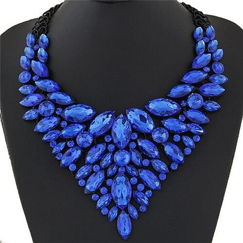 Splendid Glittering Resin Gems Combined Floral Statement Fashion Necklace - Blue A392-fane3165