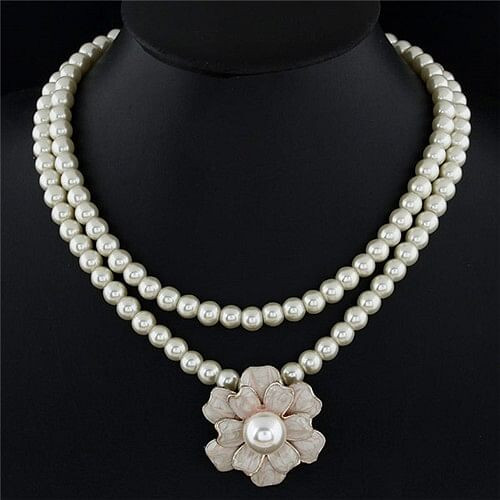 Graceful Pearl Centered Spot Oil Glazed Flower Pendant Dual Layers Pearl Fashion Necklace A392-fane3211