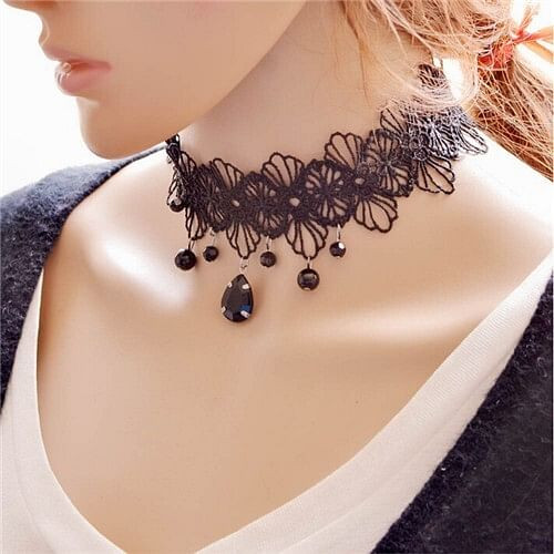 Graceful Waterdrops Pendant Hollow Black Floral Lace Necklet A392-fane3917