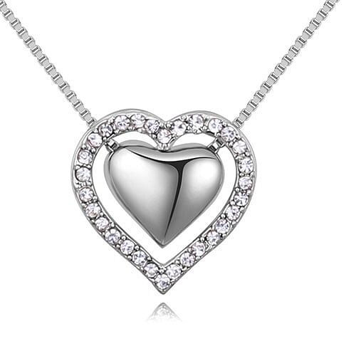 Imported Czech Crystal Inlaid Dual Hearts Design Costume Necklace - Platinum A392-fane5106