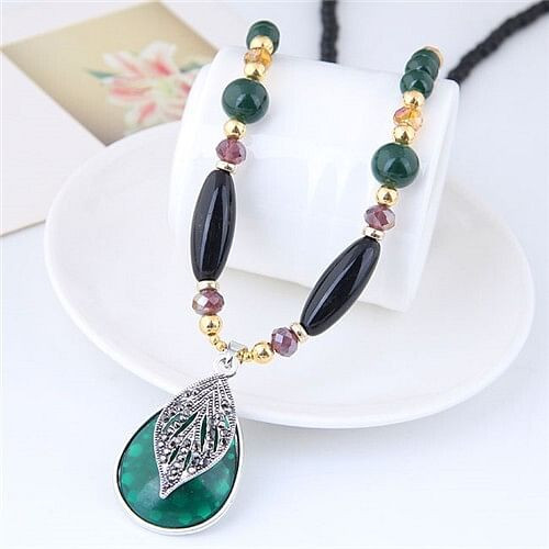 Silver Hollow Leaf Decorated Green Waterdrop Design Black Beads Long Style Fashion Necklace A392-fane5259