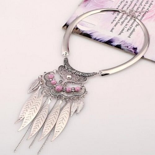 Alloy Leaves Tassel Fashion Resin Gems Decorated Folk Style Statement Necklace - Silver and Pink A392-fane5398