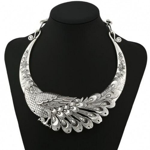 Vivid Peacock Engraving Vintage Style High Fashion Silver Chunky Necklace A392-fane5406