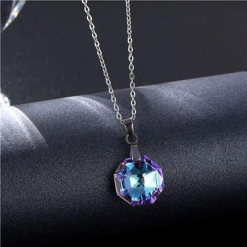 Korean Fashion Minimalist Glass Crystal Hexagon Pandent Stainless Steel Wholesale Necklace - Purple A392-fane7142