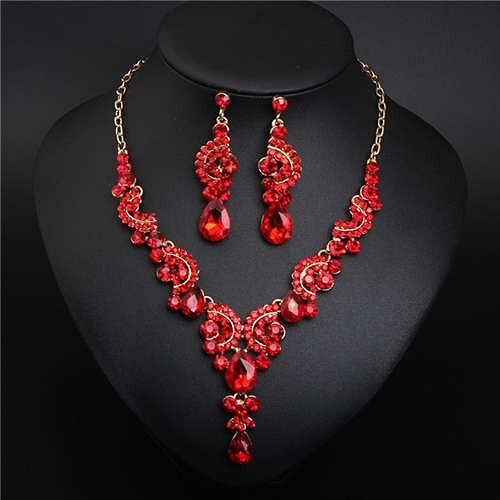 Luxurious Crystal Gem Bridal Fashion Necklace and Earrings Set - Red A392-fane7285