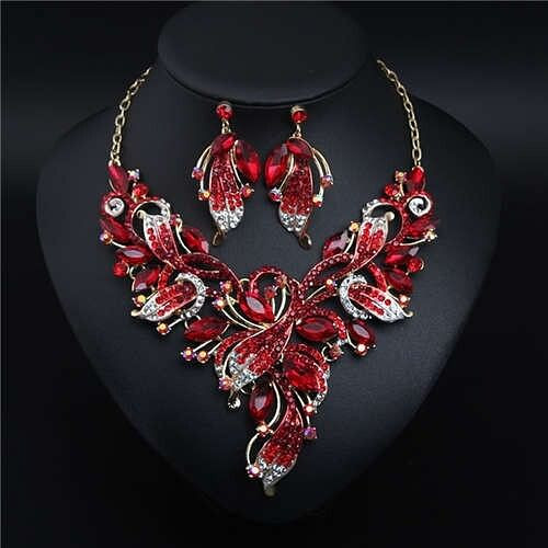 Exaggerated Painting Floral Style Crystal Prom Necklace and Earrings Set - Red A392-fane7302