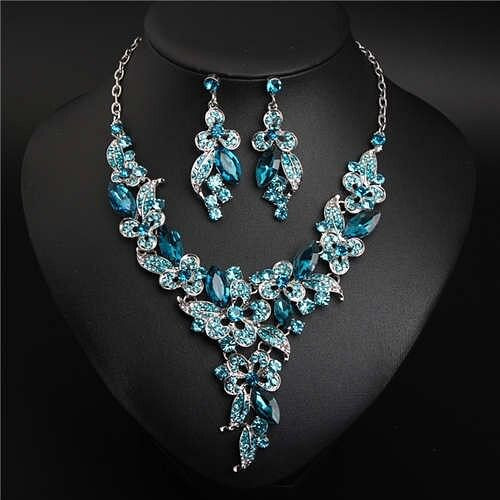 Gorgeous Shining Glass Women Evening Dress Floral Pattern Necklace and Earrings Set - Teal A392-fane7314