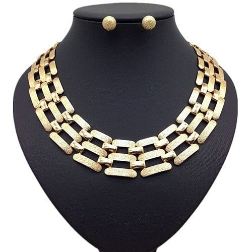 Alloy Grind Arenaceous Design Hollow-out Wholesale Necklace and Ear Studs Jewelry Set- Golden A392-fane7446