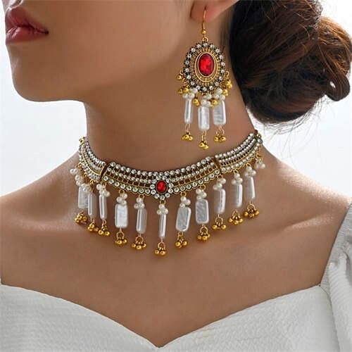U.S. High Fashion Seashell and Rhinestone Mixed Floral Design Costume Earrings and Necklace Set A392-fane7556