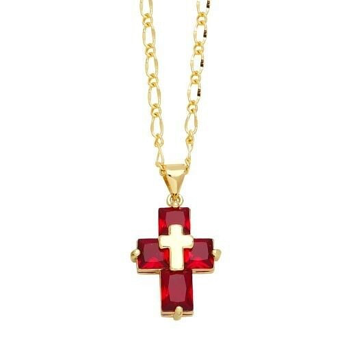 Hip-hop Style Cubic Zirconia Cross Pendant Women Man Copper Necklace - Red A392-fane7599