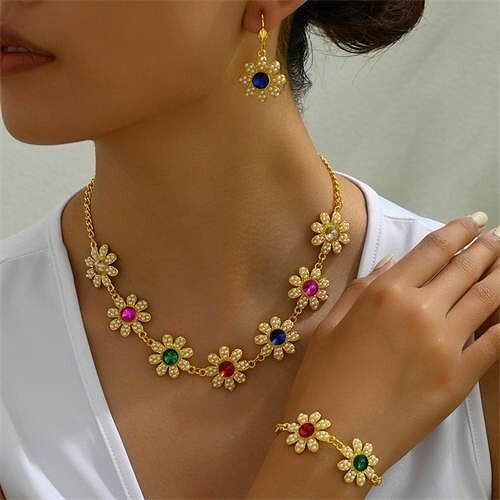 Colorful Rhinestone Inlaid Sweet Flower Design Women Wholesale Fashion Necklace and Earrings Set A392-fane7716