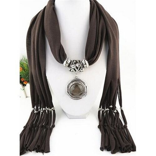Vintage Round Man-made Gem Pendant Tassels Style Scarf Necklace - Brown A392-fasn0006