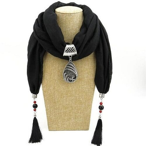 Ethnic Fashion Water-drop Gem Pendant Scarf Necklace - Black A392-fasn0059