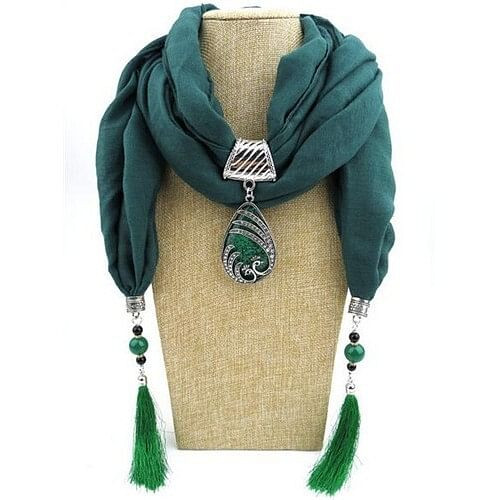 Ethnic Fashion Water-drop Gem Pendant Scarf Necklace - Ink Green A392-fasn0064