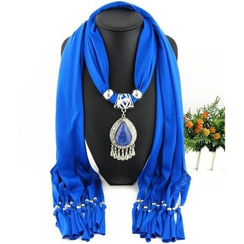 Ethnic Style Waterdrop Pendant Tassel Fashion Scarf Necklace - Royal Blue A392-fasn0230
