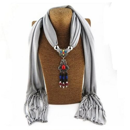 Traditional Ceramic Beads Tassel Pendant Design Fashion Scarf Necklace - Gray A392-fasn0331