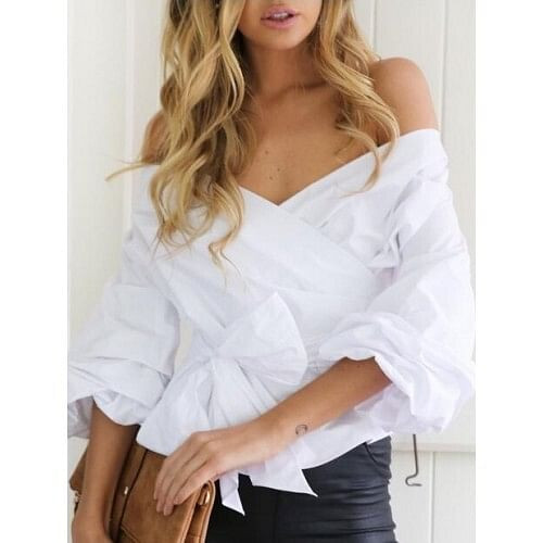Off Shoulder Three-quarter Sleeves Bowknot Decorated High Fashion Women Top - White A392-fast0004