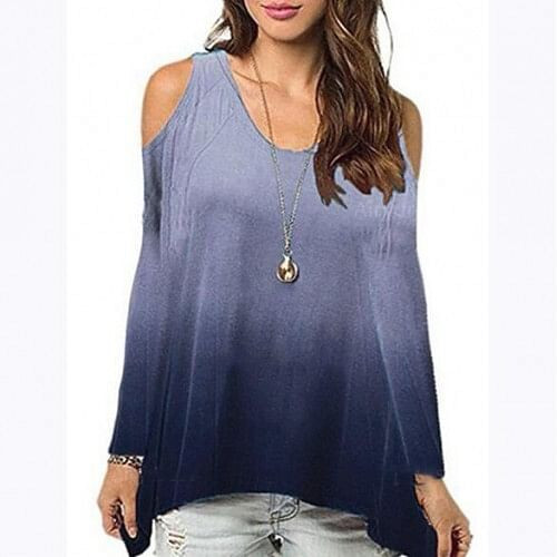 Bare Shoulder Loose Style Long Sleeves Women Top - Dark Blue A392-fast0049