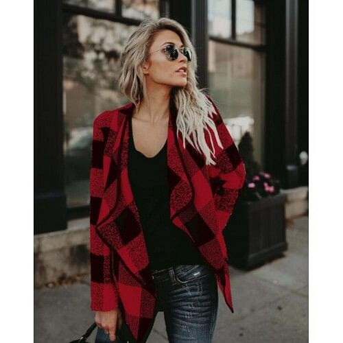 Plaid Lapel Style Autumn/ Winter High Fashion Women Top - Red A392-fast0064