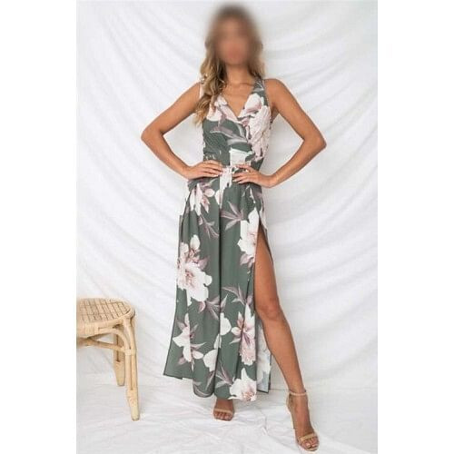 Flower Printing Summer Fashion Sleeveless Women Jumpsuit - Green A392-fast0088