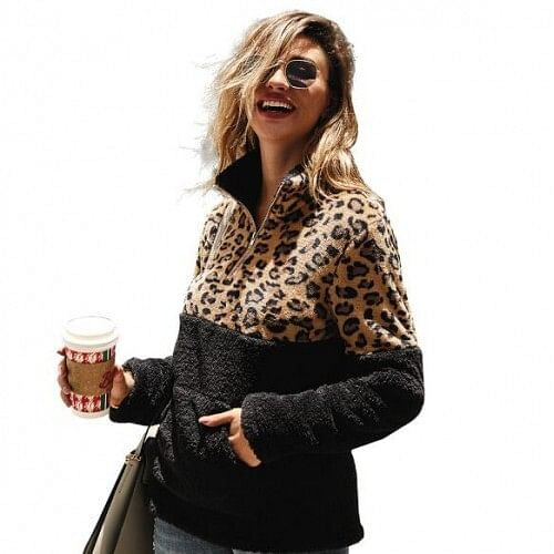 Leopard Prints Jointed Design High Fashion Hooded Long Sleeves Women Top - Black A392-fast0092