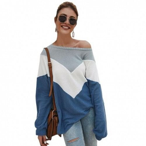 High Fashion Casual Style Long Sleeves Joint Design Women Sweater - Blue A392-fast0125
