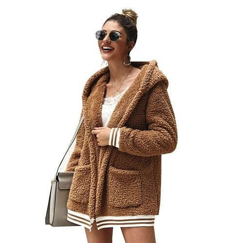 High Fashion Fluffy Style Long Sleeves Winter Fashion Hooded Women Top - Khaki A392-fast0128