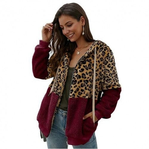 Leopard Prints Mingled Contrast Style Long Sleeves Winter Fashion Women Top - Wine Red A392-fast0153