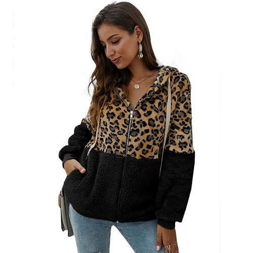 Leopard Prints Mingled Contrast Style Long Sleeves Winter Fashion Women Top - Black A392-fast0155