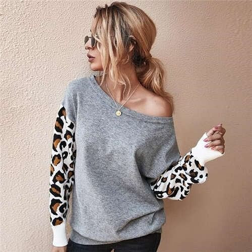 Contast Colors Leopard Prints Long Sleeves Autumn and Winter Fashion Women Top - Gray A392-fast0161
