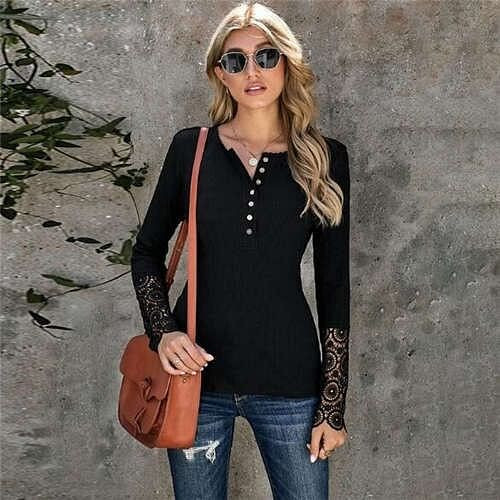 Solid Color Lace Sleeves Design Casual Fashion Women Top/ T-shirt - Black A392-fast0174