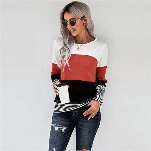 Contrast Colors Jointed Long Sleeves Fashion Women Top/ T-shirt - Orange A392-fast0191