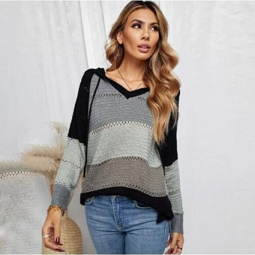 U.S. Fashion Wholesale Clothing Knitted Hooded Sweater Autumn/ Winter Women Top - Black A392-fast0218