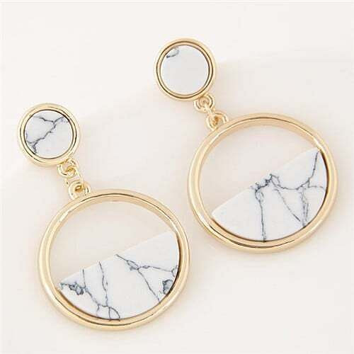 Resin Gem Inlaid Plain Fashion Dangling Golden Hoop Earrings - White A392-fear1955