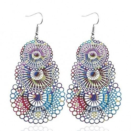 Hollow Triple Layers Flower Printing Waterdrops Pendant Chunky Fashion Women Statement Earrings A392-fear2853
