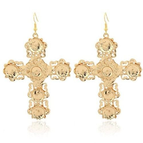 Abstract Hollow Floral Giant Cross Design High Fashion Women Statement Earrings - Golden A392-fear2901