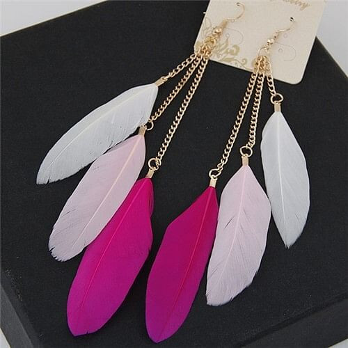 Dangling Feather Tassel High Fashion Women Statement Earrings - White and Rose A392-fear3245