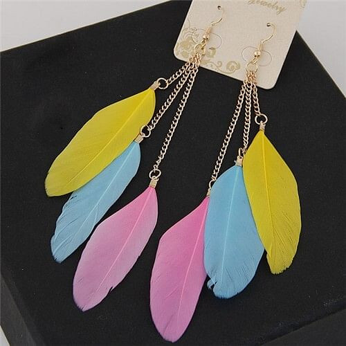 Dangling Feather Tassel High Fashion Women Statement Earrings - Yellow Blue and Pink A392-fear3247