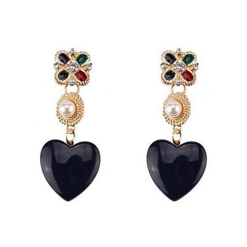Pearl Inlaid Resin Heart Graceful Design Women Fashion Statement Earrings - Black A392-fear3289
