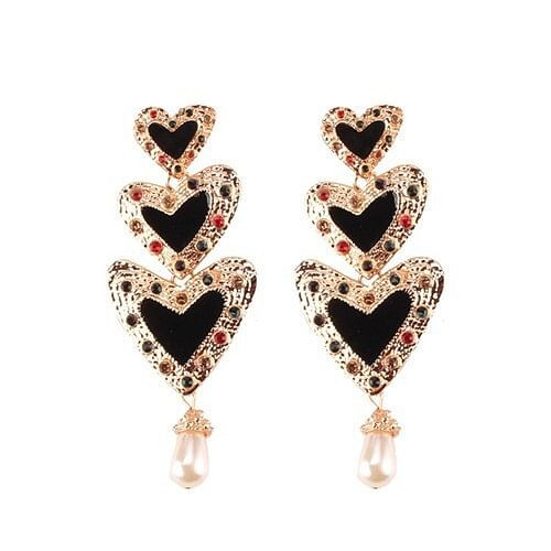 Gems Inlaid Triple Hearts with Dangling Pearl Design High Fashion Earrings - Black A392-fear3327