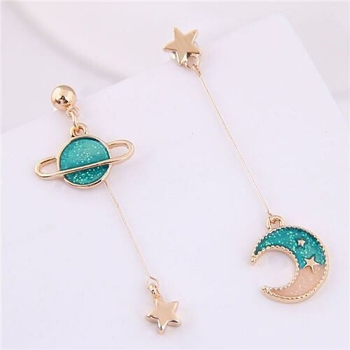 Star and Moon Asymmetric Design Cute Fashion Women Earrings - Green A392-fear3680