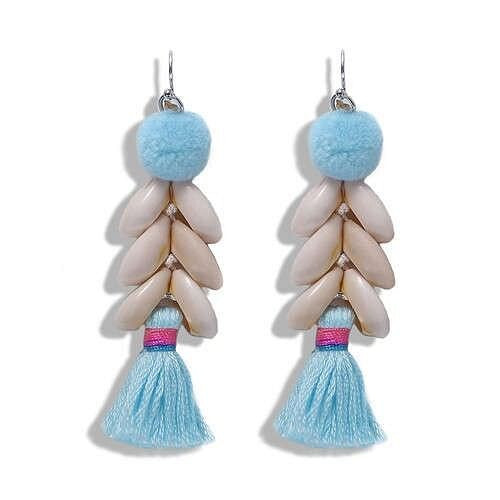 Fluffy Ball Tassel and Seashell Combo Design Women Fashion Earrings - Blue A392-fear4066